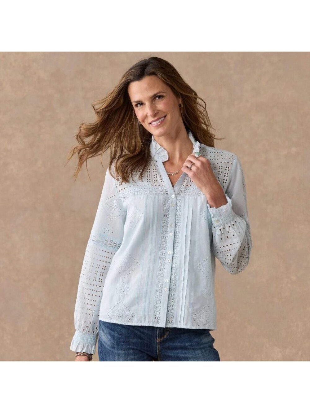 New Sundance Annalynn Shirt Eyelet Long Sleeve Blouse Top Oceana Blue L